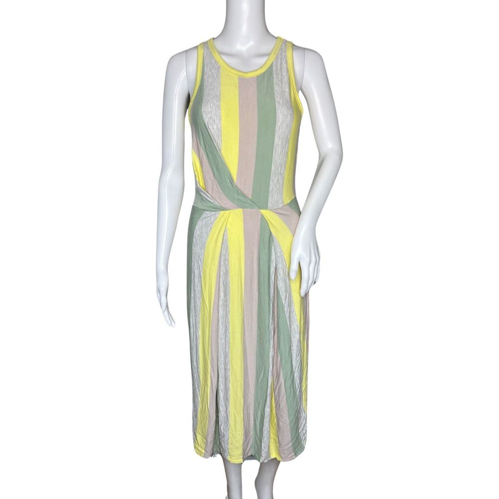 Lou & Grey Dress Women Small‎ Gray Yellow Striped Jersey Knit Midi Office Casual